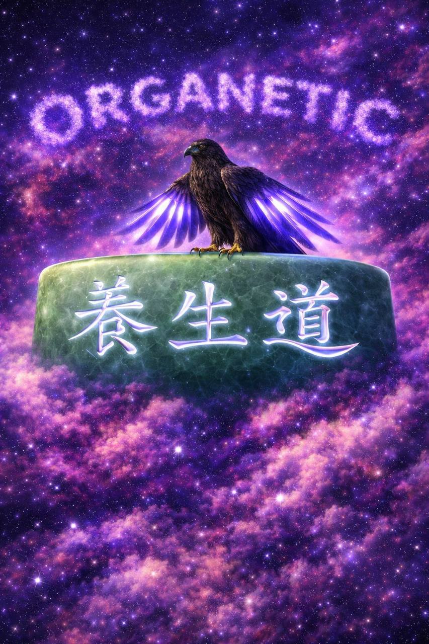 Organetic conceptual universe artwork with an eagle above a stone