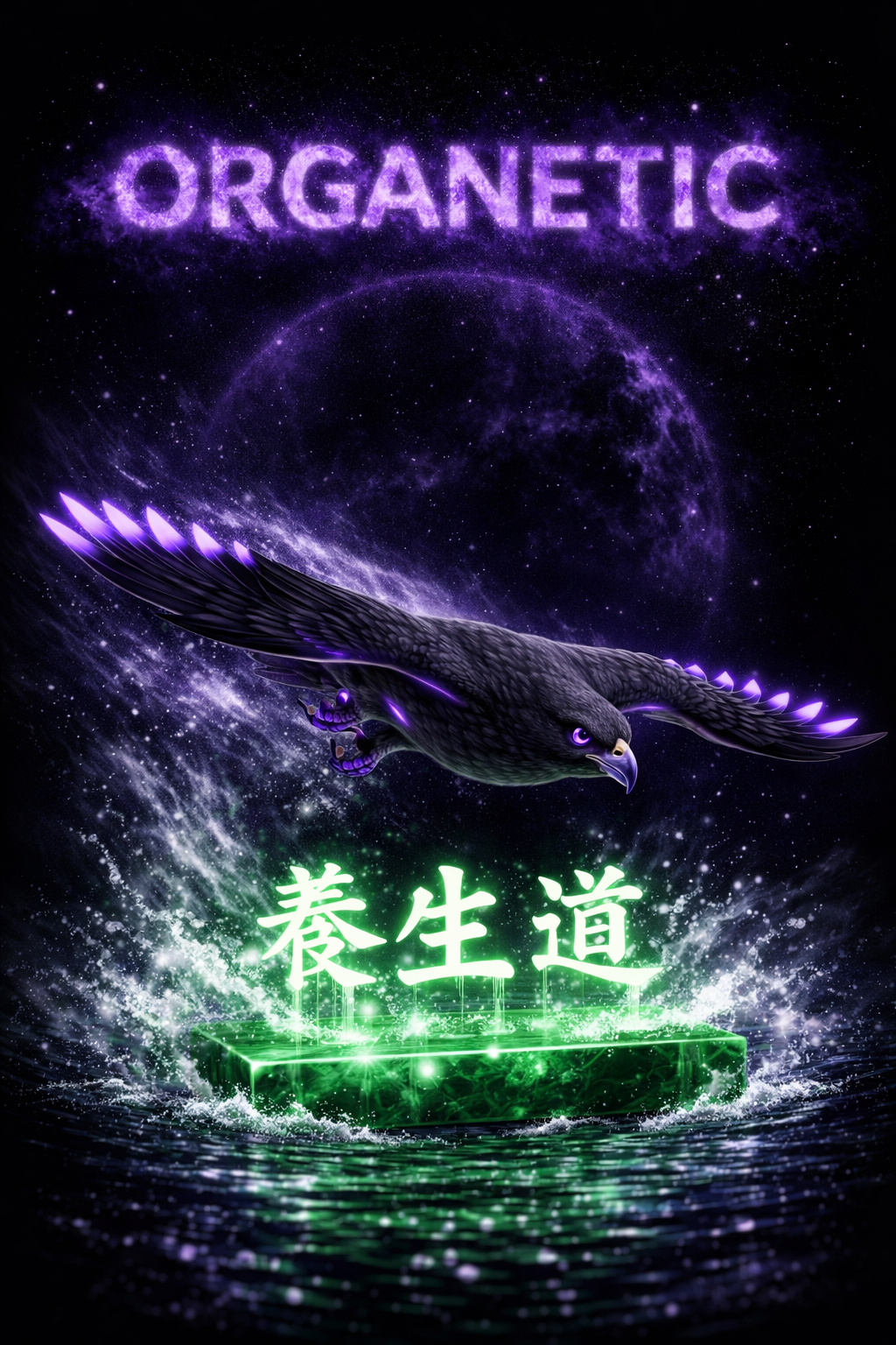 Organetic flagship visual with an eagle over a luminous stone